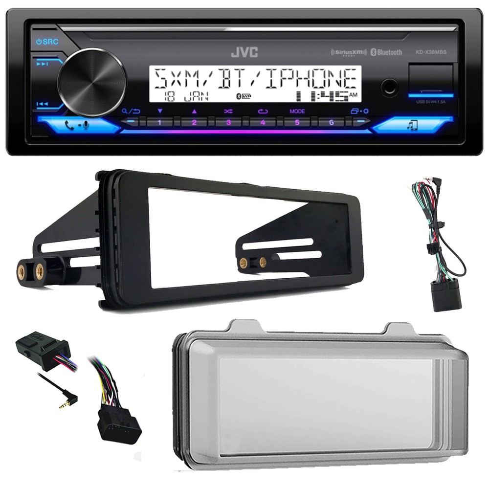JVC Single DIN Marine Bluetooth Receiver, Install Kit, Cover, Handlebar Controls