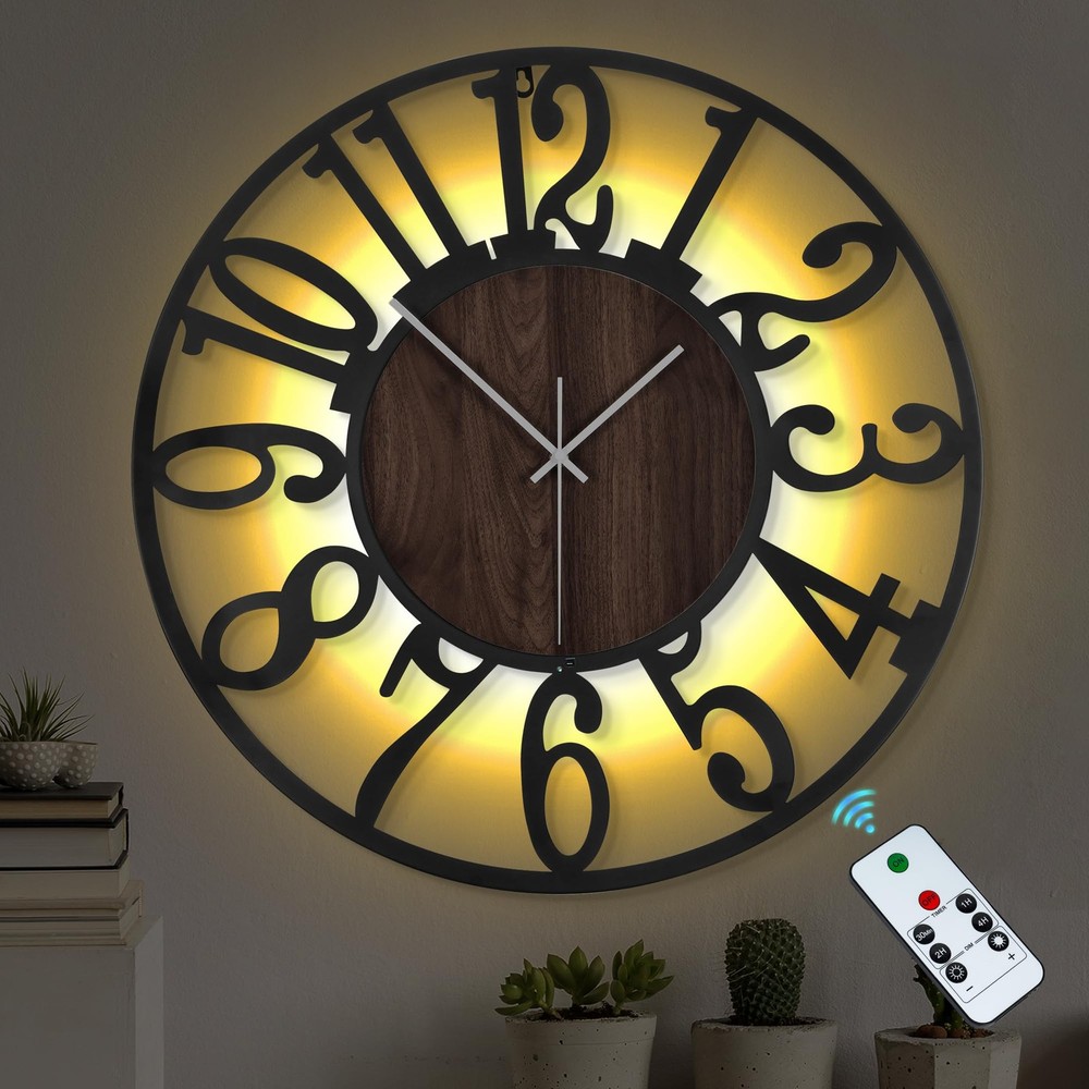 Large Wall Clock 24'' Lighted Rustic Wood Clock with Remote Timer, Silent Bat...