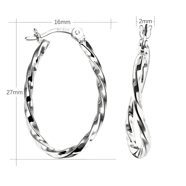 925 Solid Sterling Silver Twisted Oval Hoops Earrings 34mm