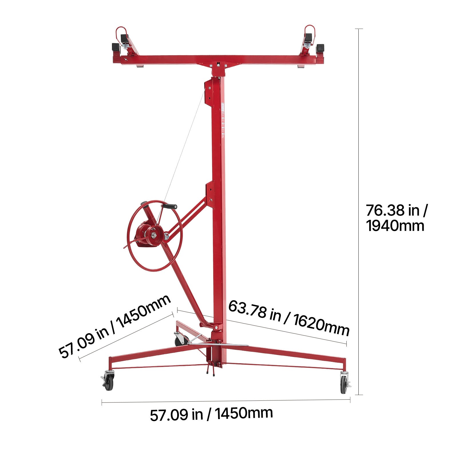 Uimoso 16ft Drywall Hoist, 150 lbs Capacity Adjustable Arm, Lockable Wheels, Red