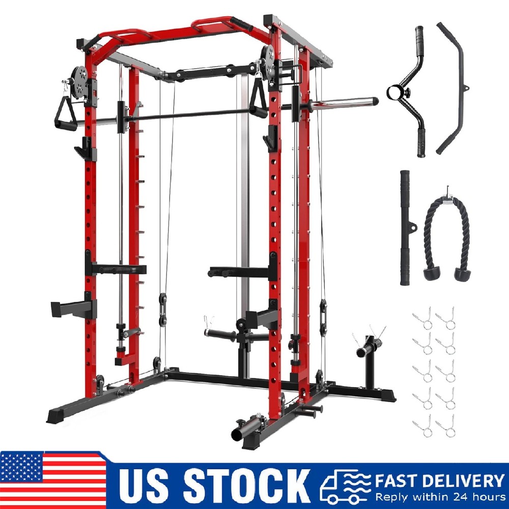 Smith Machine Power Cage Rack with Pulley System Multifunctional Workout Machine