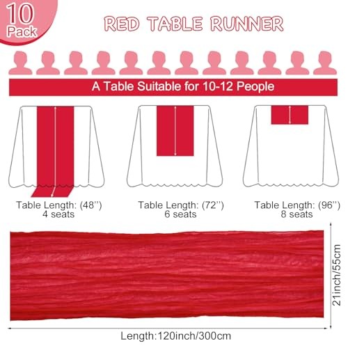 10 Pack Table Runner 120 Inch Cheesecloth Table Runner 10FT Rustic 21"x120" Red
