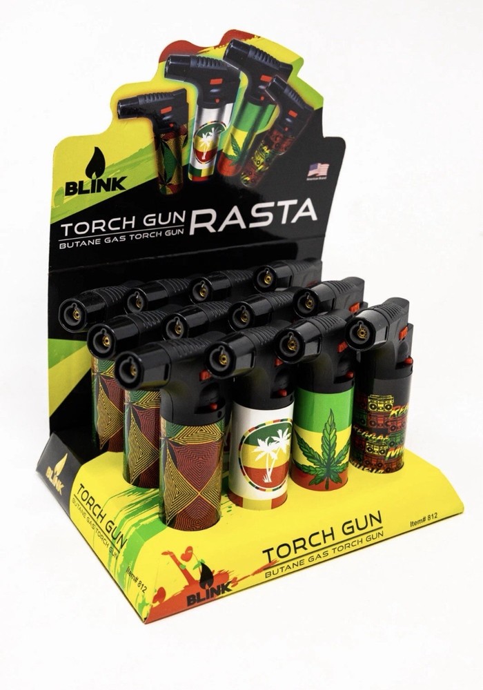 5" Blink Rasta Torch- Windproof Adjustable Jet Flame - 12 Count Box