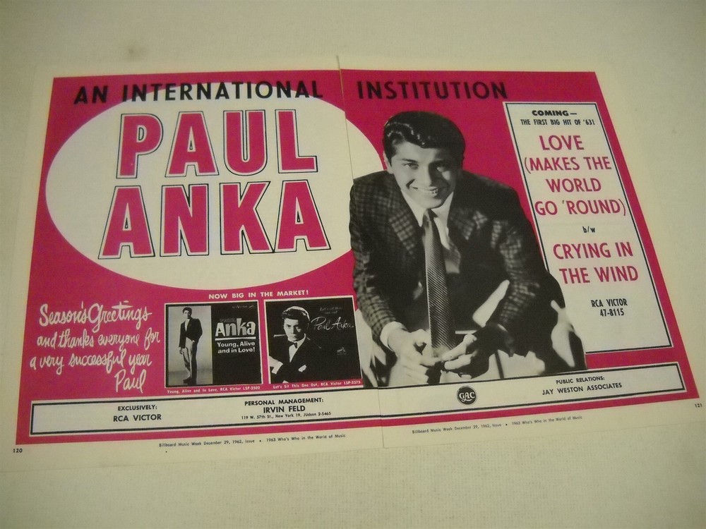 PAUL ANKA An International Institution original 2-piece 1962 PROMO DISPLAY AD