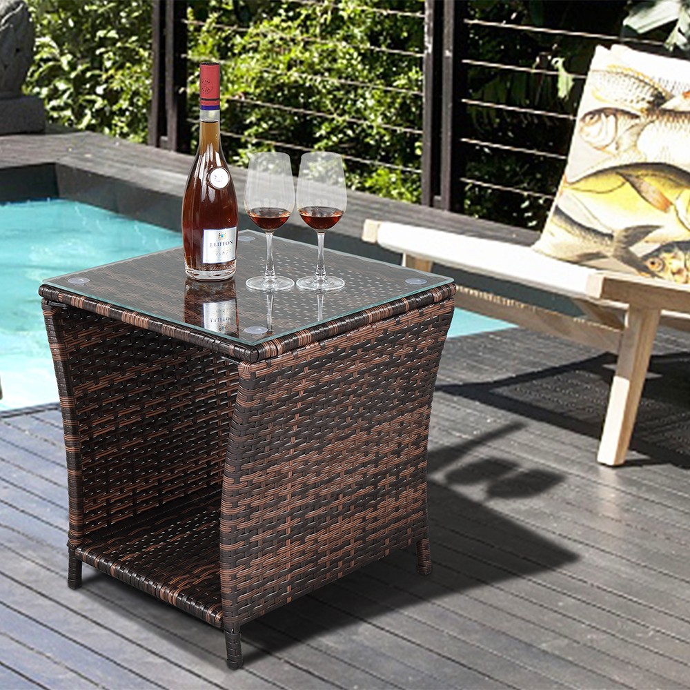 Glass Surface Brown Gradient Iron Frame Rattan Side Table,free ship