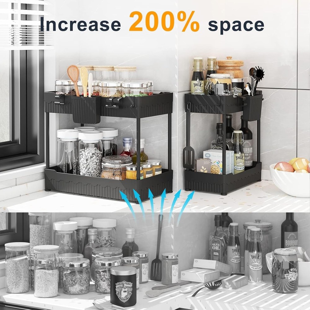 2 Pack Under Sink Organizer – Bathroom & Kitchen Cabinet Storage Rack with Hooks