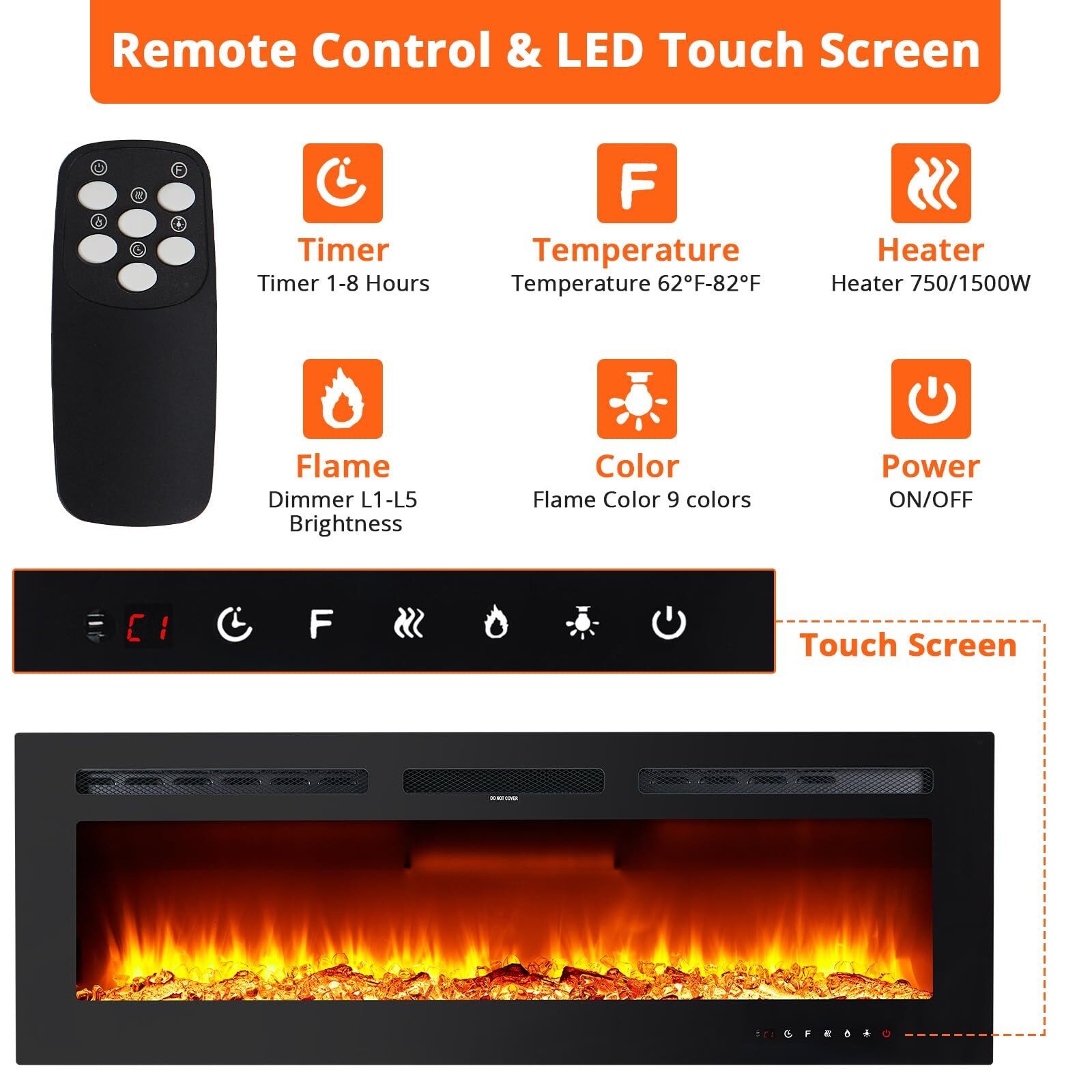 60Inch Electric Fireplace Recessed Wall Mounted Heater W/ Adjustable Flame Color
