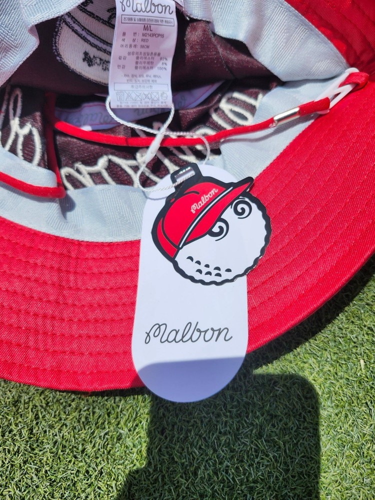 Malbon Golf Bucket Hat Red | Embroidered Script Logo | Adjustable Strap | New