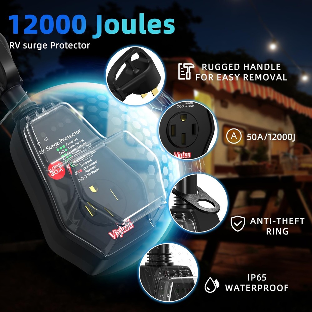 50A RV Surge Protector with Replaceable Module, 12000J Circuit Analyzer for C...