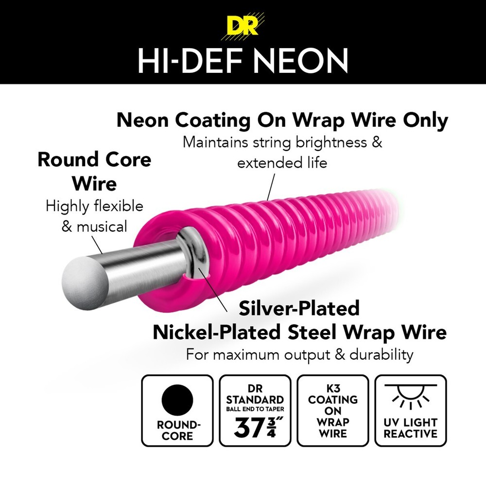 DR Strings Hi-Def Neon Multi-Color Bass Strings 6-String Medium 30-125