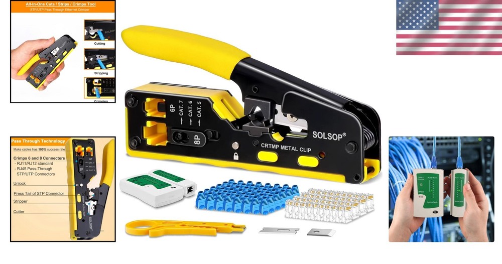 Versatile Pass Through Crimp Tool and Tester Bundle with 50 Pack RJ45 Connectors