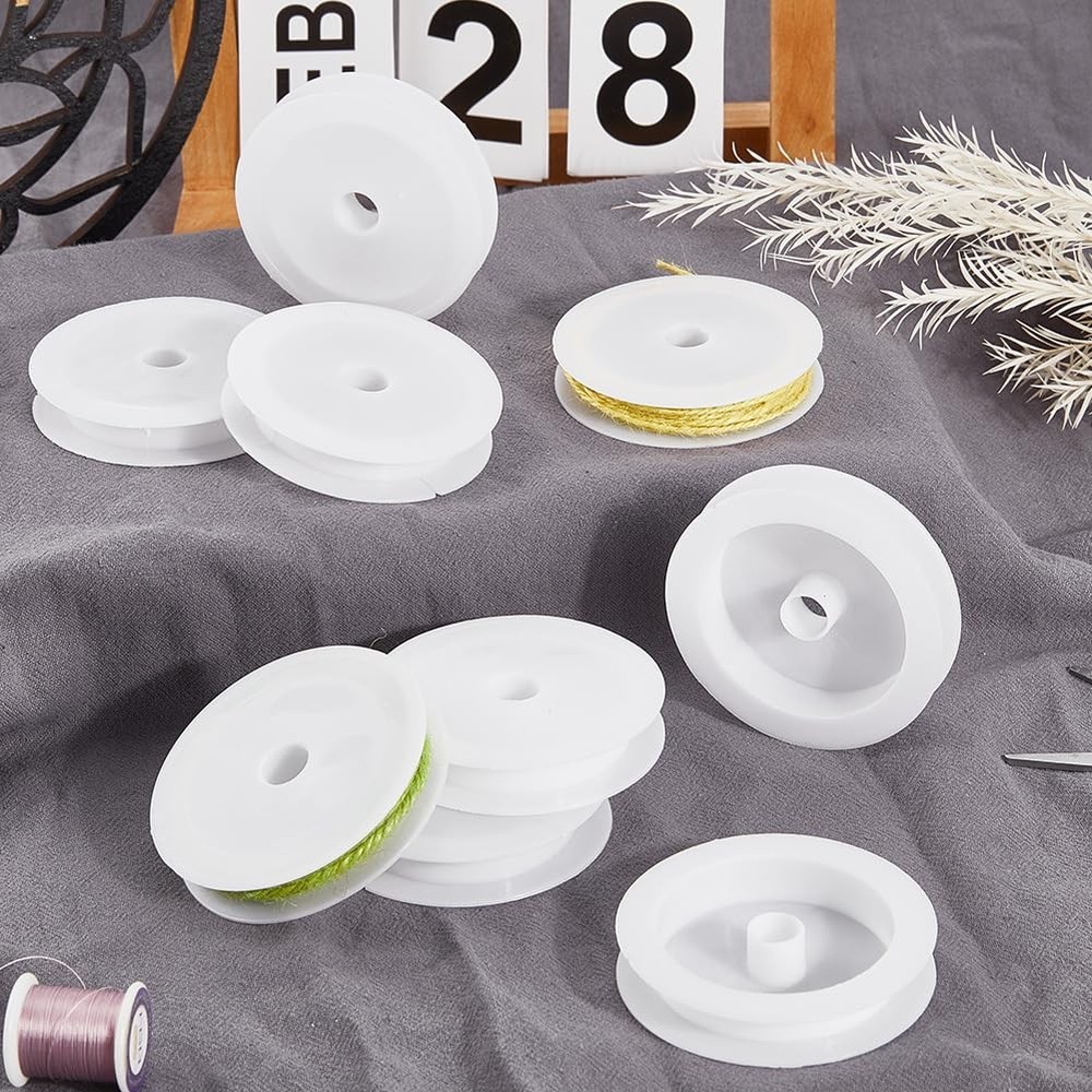15Pcs Plastic Bobbins Empty Thread Spool White 6.9cm Large Diameter Flat Stri...