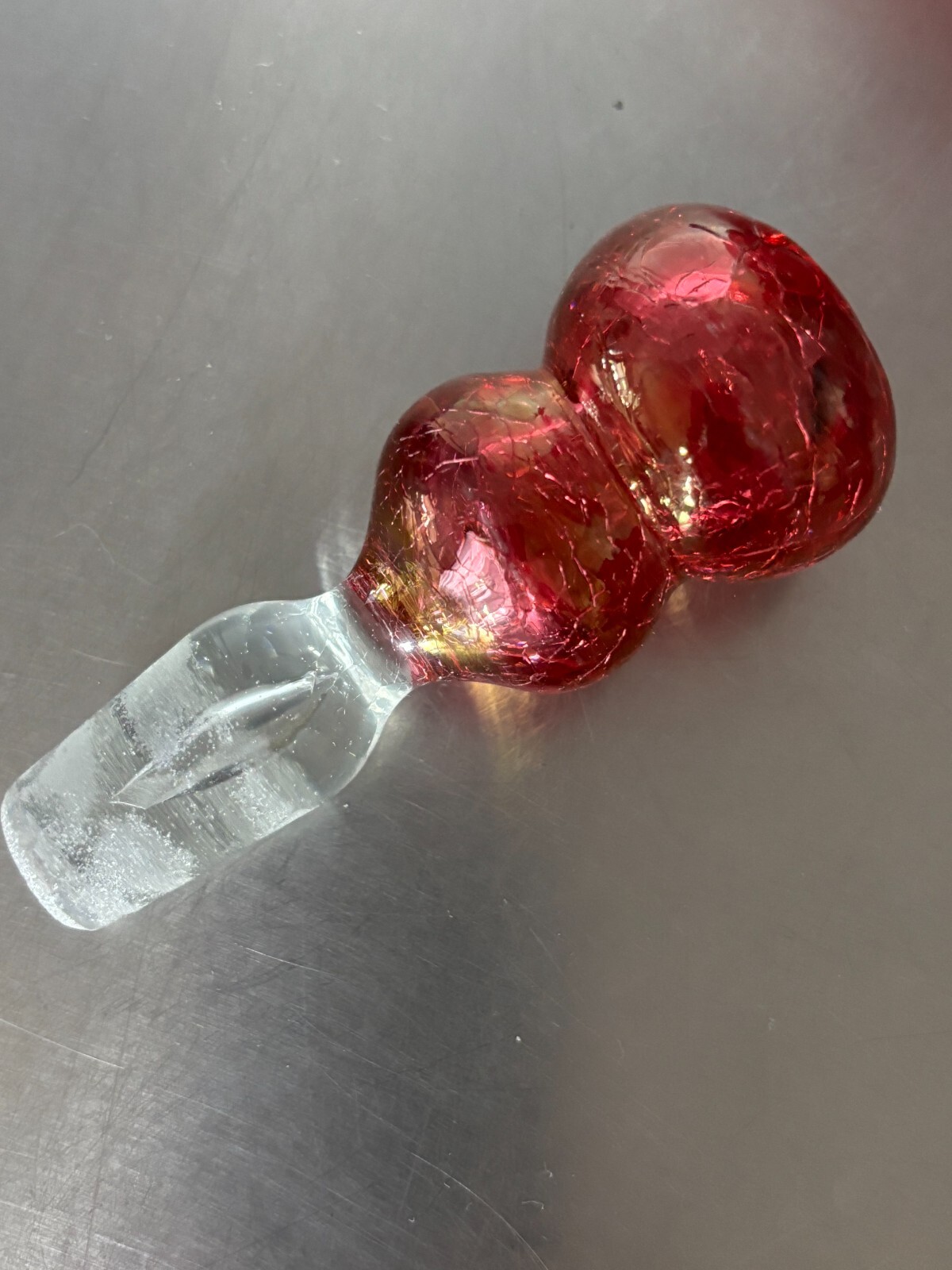 VTG Rainbow Ruffled Glass Crackle Decanter & Stopper Red Clear Rigaree Free Ship