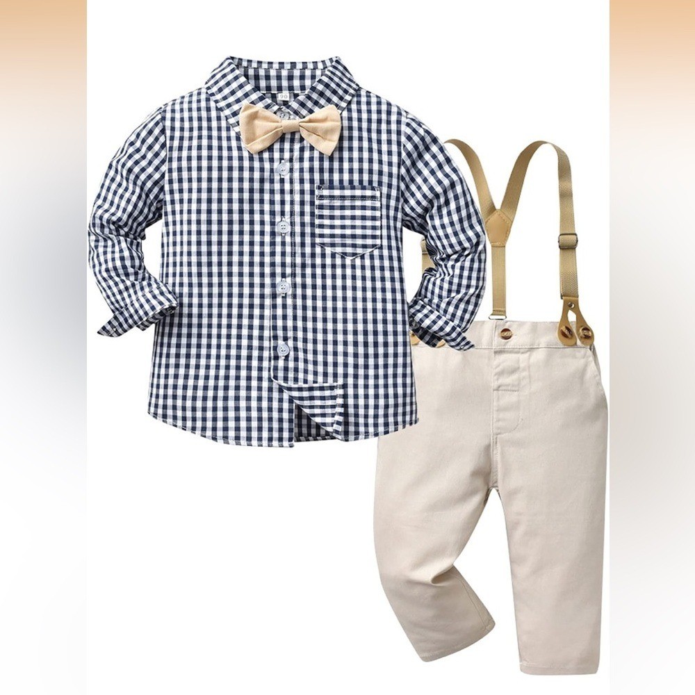 NWT Kids Checkered Shirt and Suspender Set 6 X64