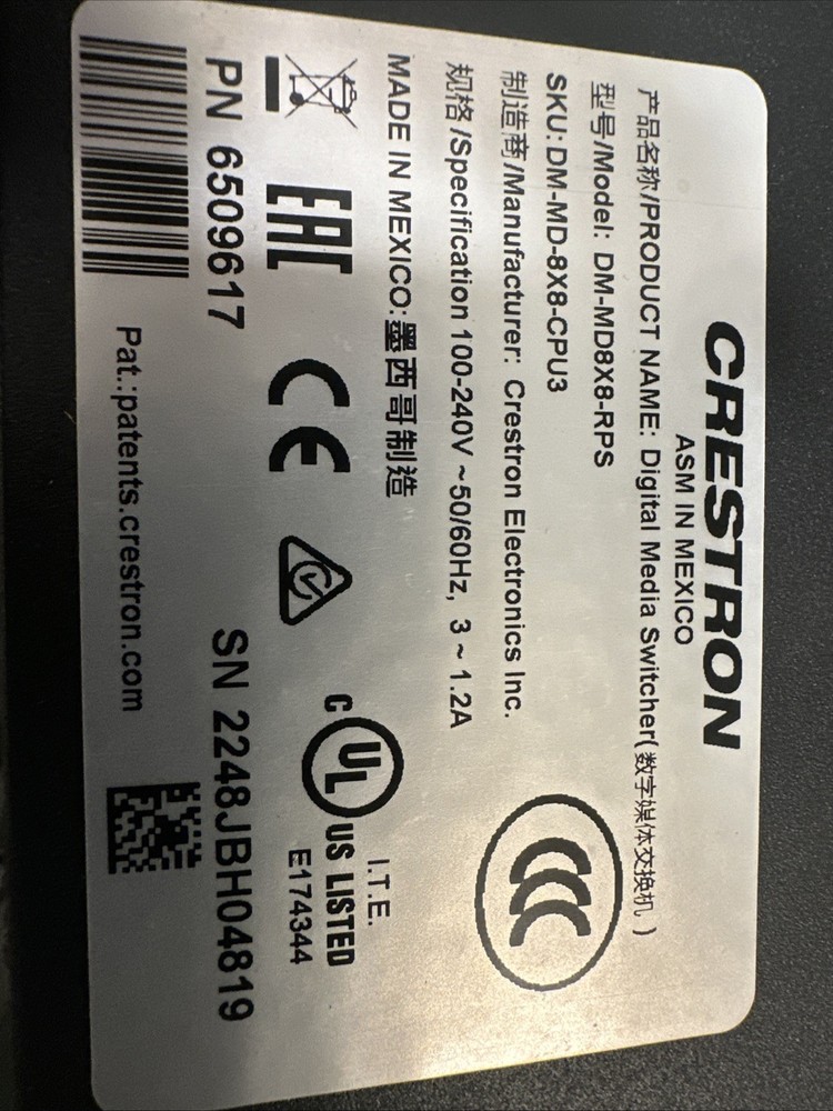 Crestron DM-MD8X8-CPU3 8x8 DigitalMedia Switcher Empty