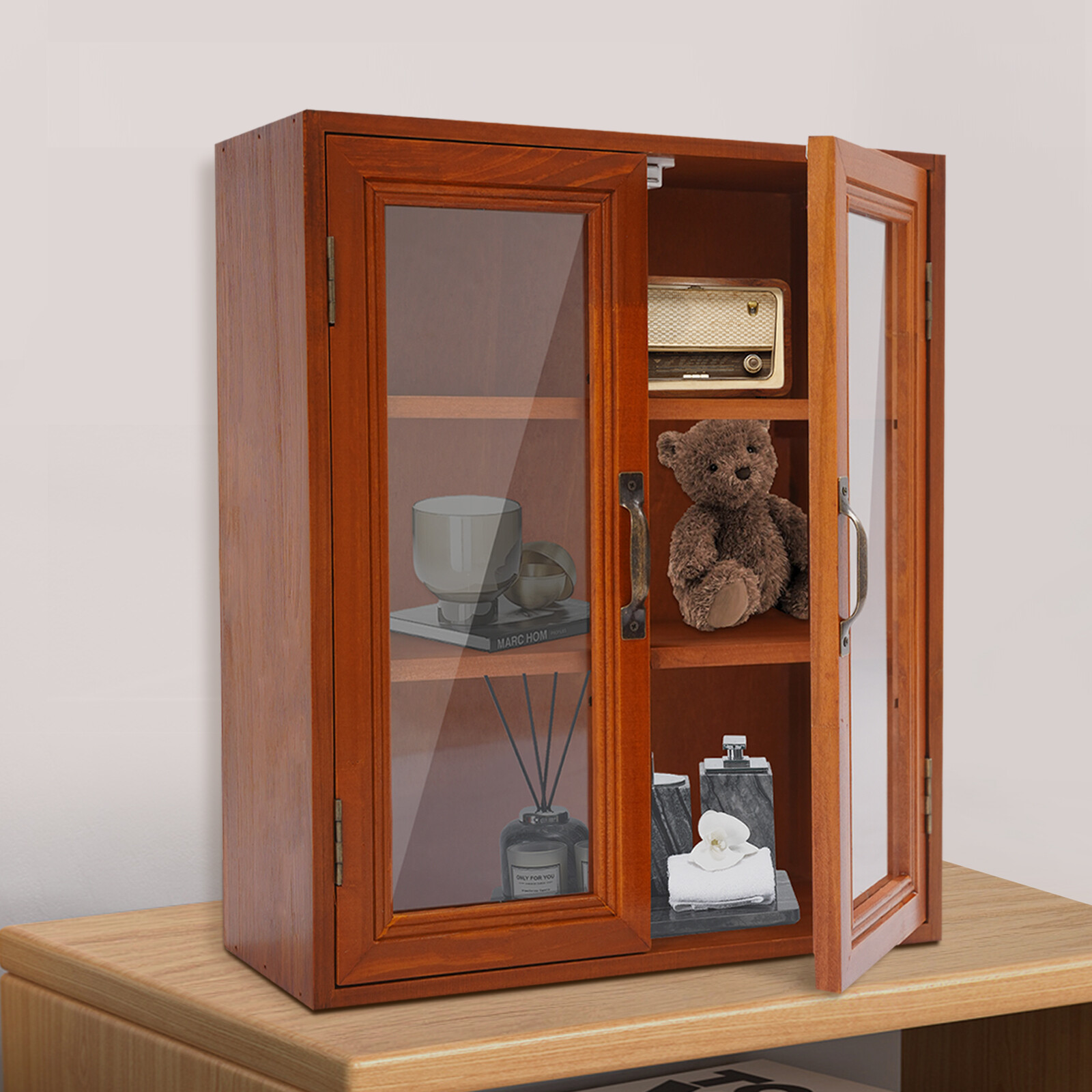 12.09*4.72*14.17in Brown Solid Wood& Acrylic Freestanding 3-tier Storage Cabinet
