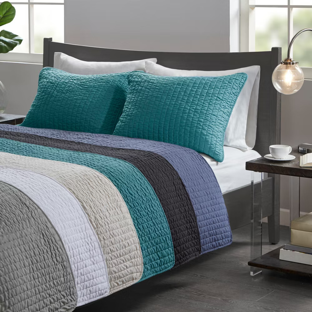 White Khaki Mitchell Solid Brushed Fabric Quilt Set Full/Queen 3pc