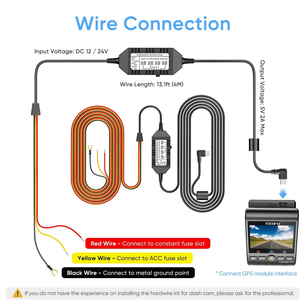 VIOFO HK3 Acc Hardwire Cable for A129 Kit - Enable Parking Mode, Red