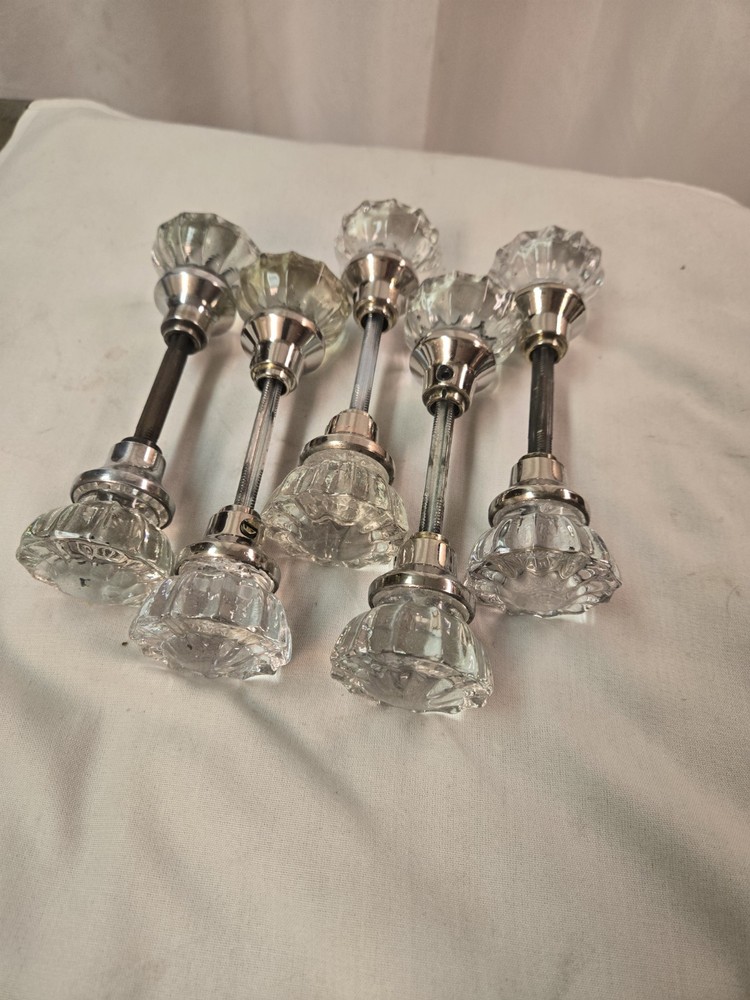 Vintage 5 Glass Knobs Silver Collar Polished