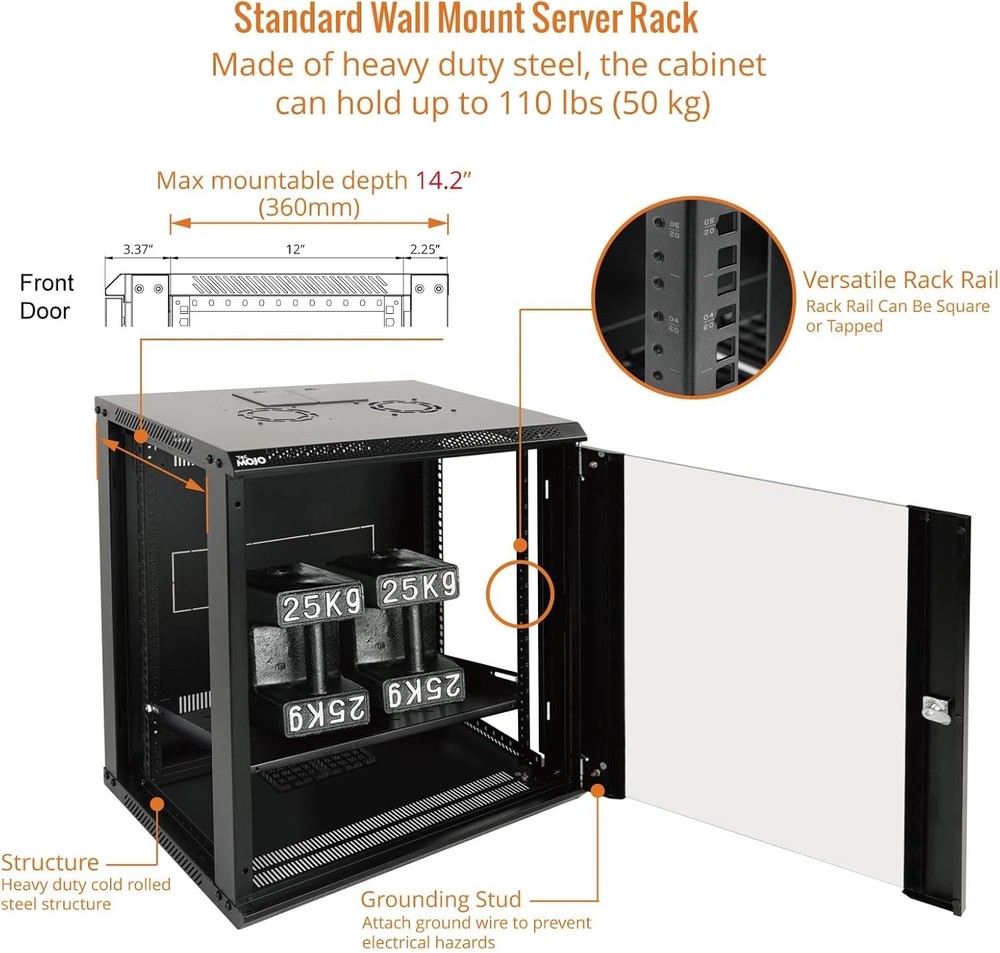 12U Wall Mount Server Cabinet IT Network Rack Enclosure Lockable Door and Sid...