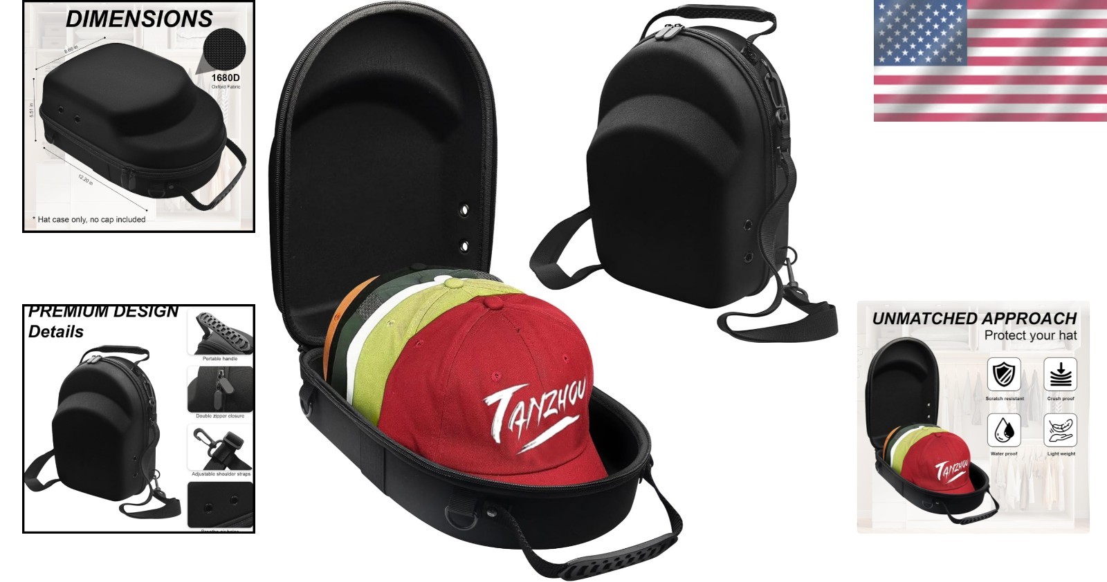 Durable Hard Hat Travel Case for 6 Caps - Adjustable Shoulder Strap Included