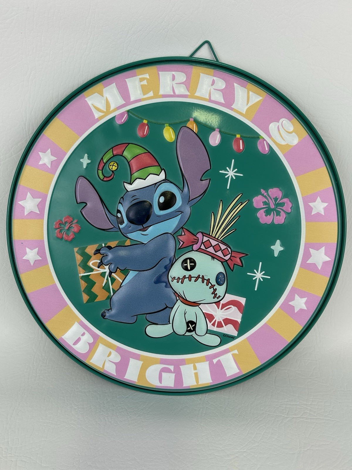 Disney Lilo & Stitch Metal Hanging Sign Scrump Merry & Bright 12" Holiday Decor