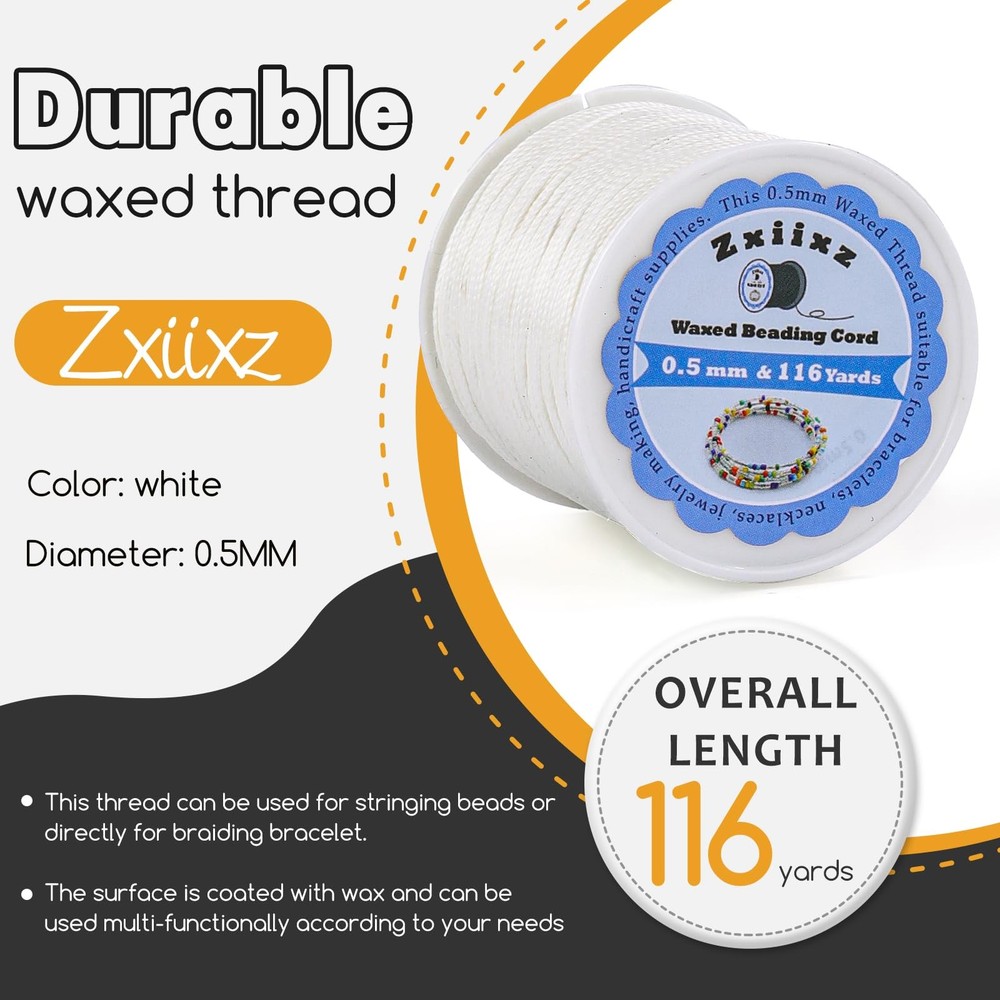 0.5mm Waxed Cord Bracelet String, 116 Yards Wax String for White
