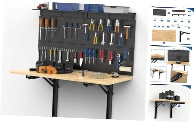 Wall Mounted Workbench with Pegboard, Folding Down Work Table Metal Pegboard