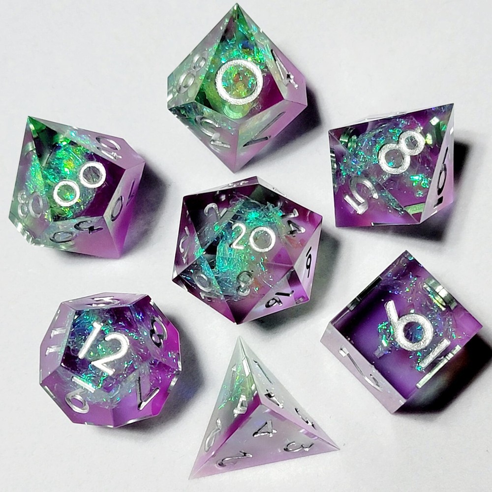 Purple Green Cosmos Sharp Edge DnD Dice Precision 7 Dice Set - Polyhedral RPG Dn