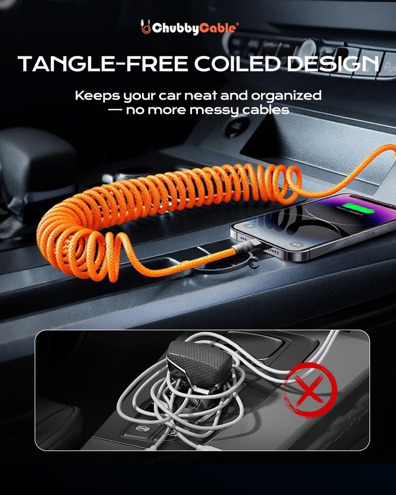 chubbycable Curly Chubby 240W Coiled USB C Fast Charging Cable Durable Orange