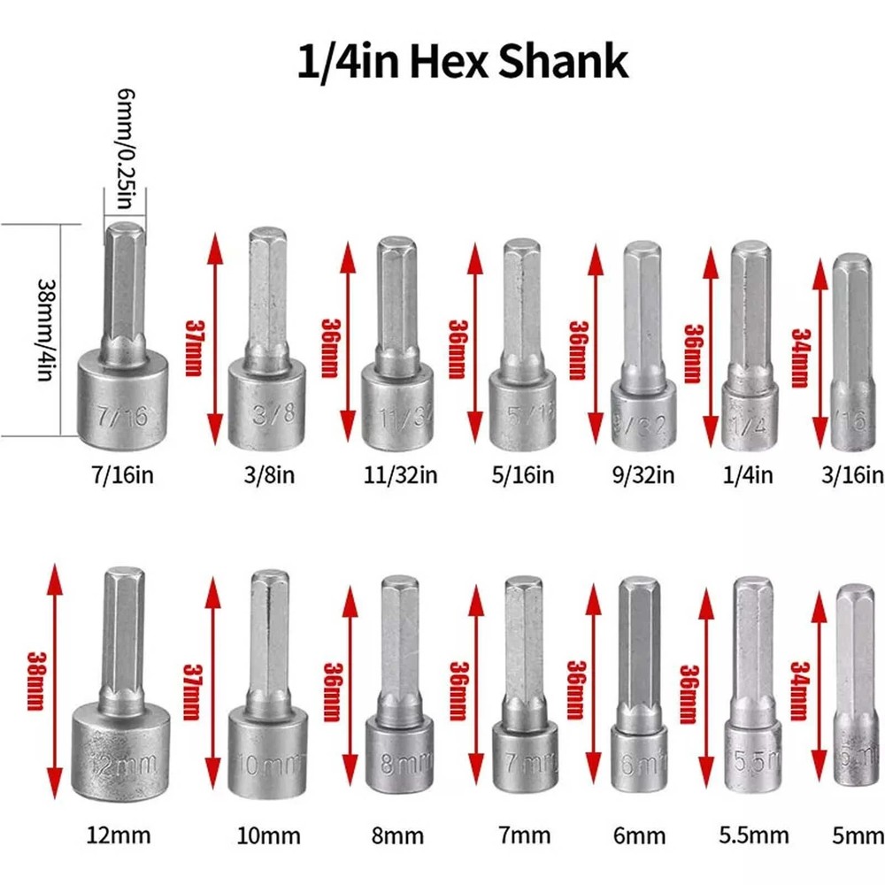14PC POWER Nut Driver Drill Bit Set Socket Bit Adapter metric & SAE Socket for W