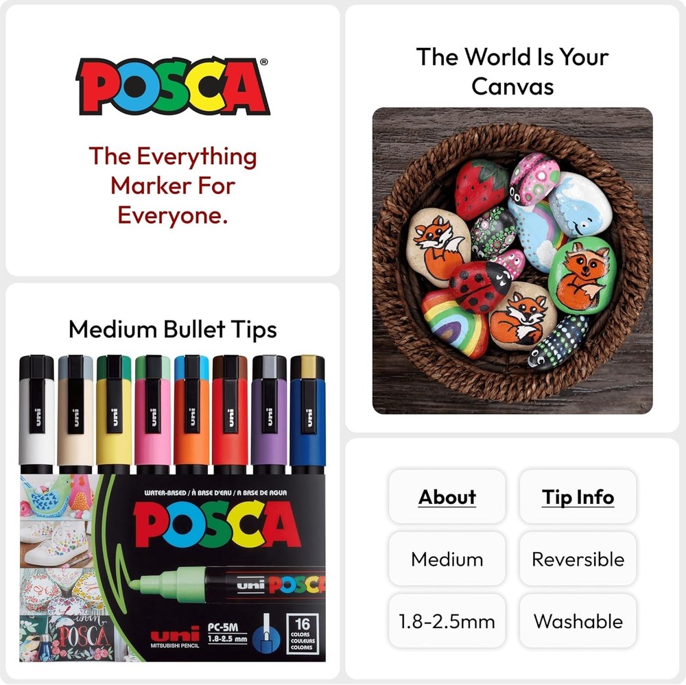 uni POSCA PC-5M Water-Based Paint Markers, Reversible Medium Tip 1.8-2.5mm 16Pcs