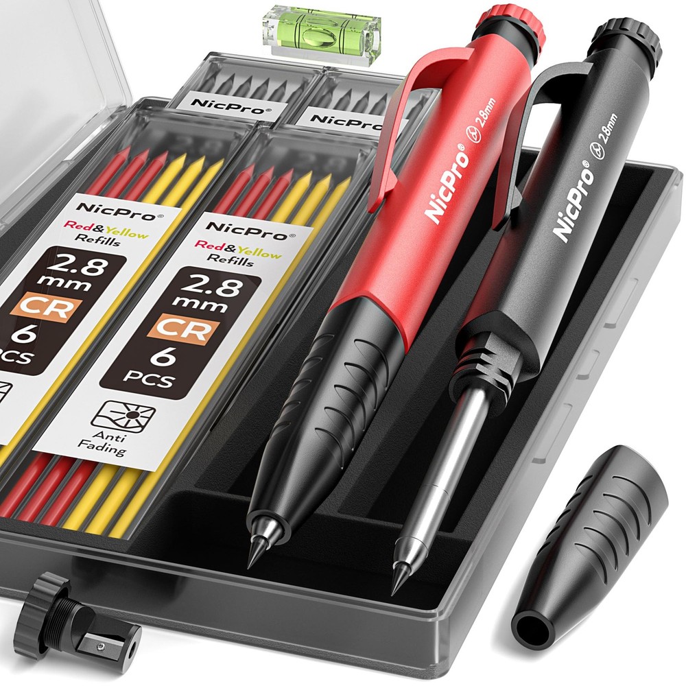 Nicpro 2 Pack Carpenter Pencil Set with Sharpener & Finger 2 PACK, Black, Red