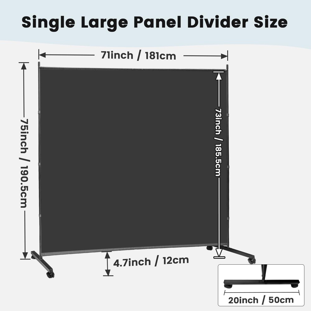 Large Single Panel Room Divider on Wheels, 71”W x 75”H Rolling Privacy Screen...