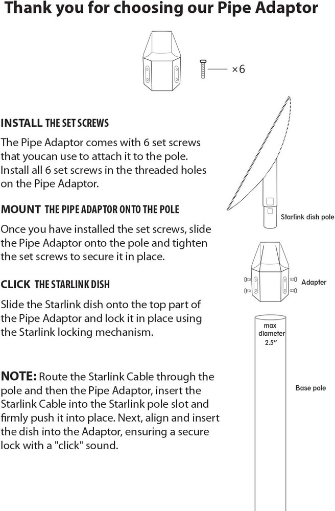 Starlink Pipe Adapter, pole mount, Available for V2 pipe...