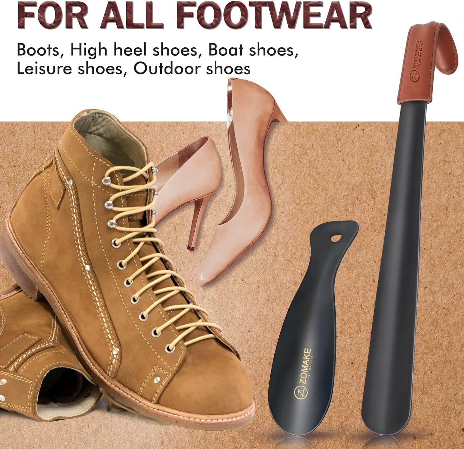 ZOMAKE Long Shoe Horn Metal Handle for Seniors Boots Shoe Spoon Helper 2 Pack