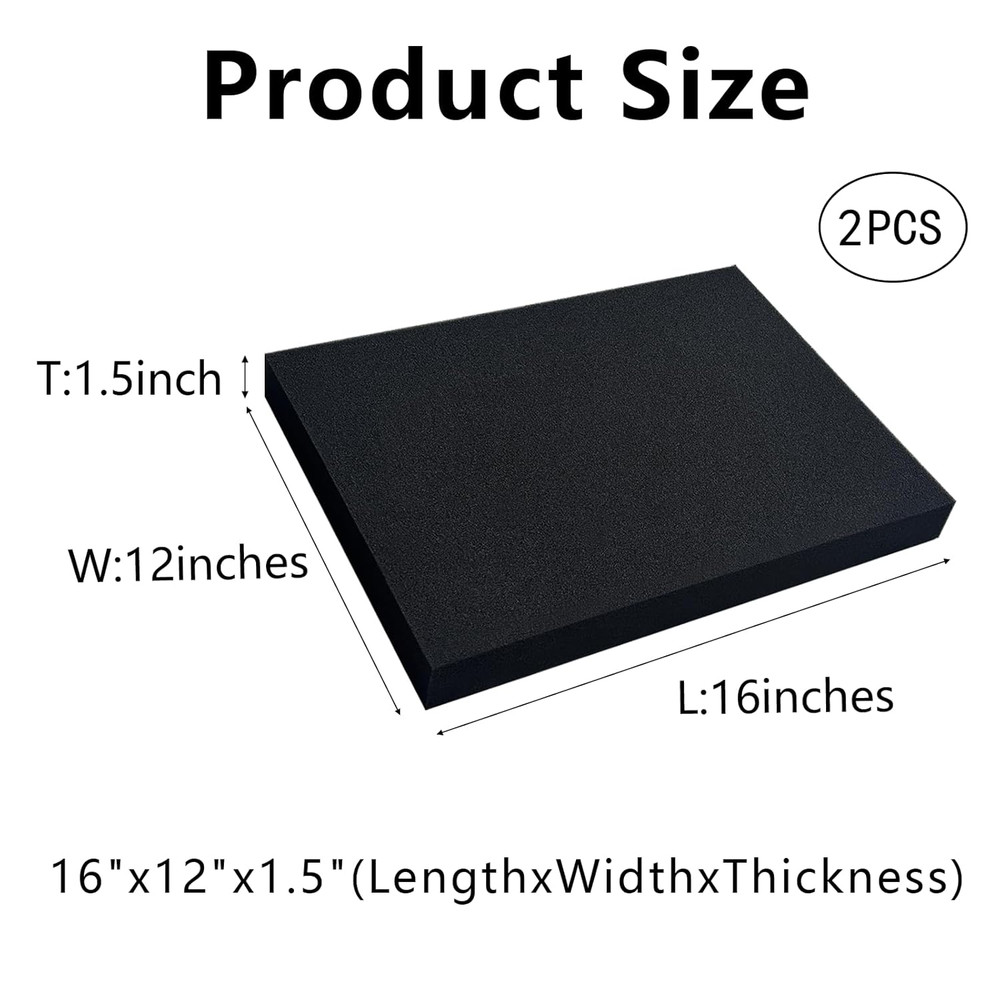 2 PCS Polyurethane Foam Sheets 16 X 12 X 1.5 Inch, Foam Inserts for Cases,Black