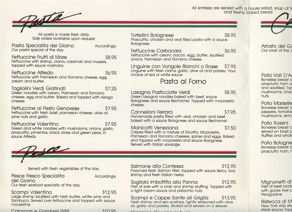 Griglia Italian Restaurant Menu