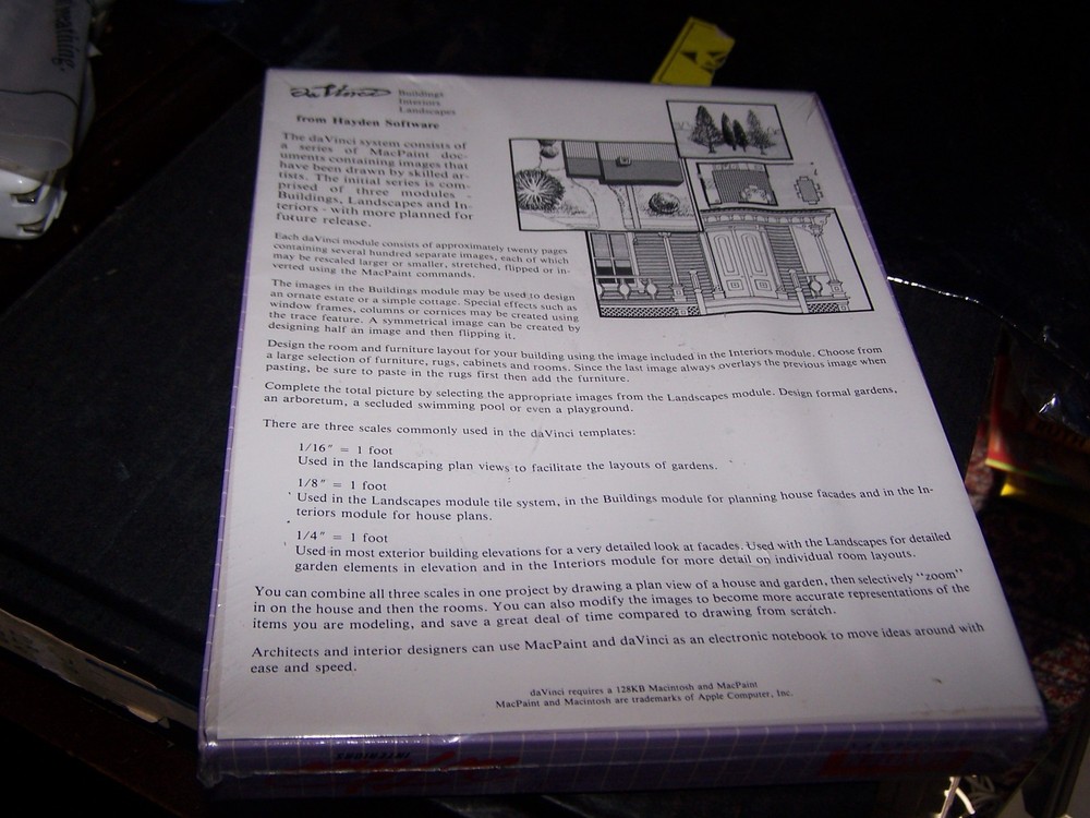 Davinci Interiors Software on 400K disk for Macintosh 128K, 512K, Plus - NOS