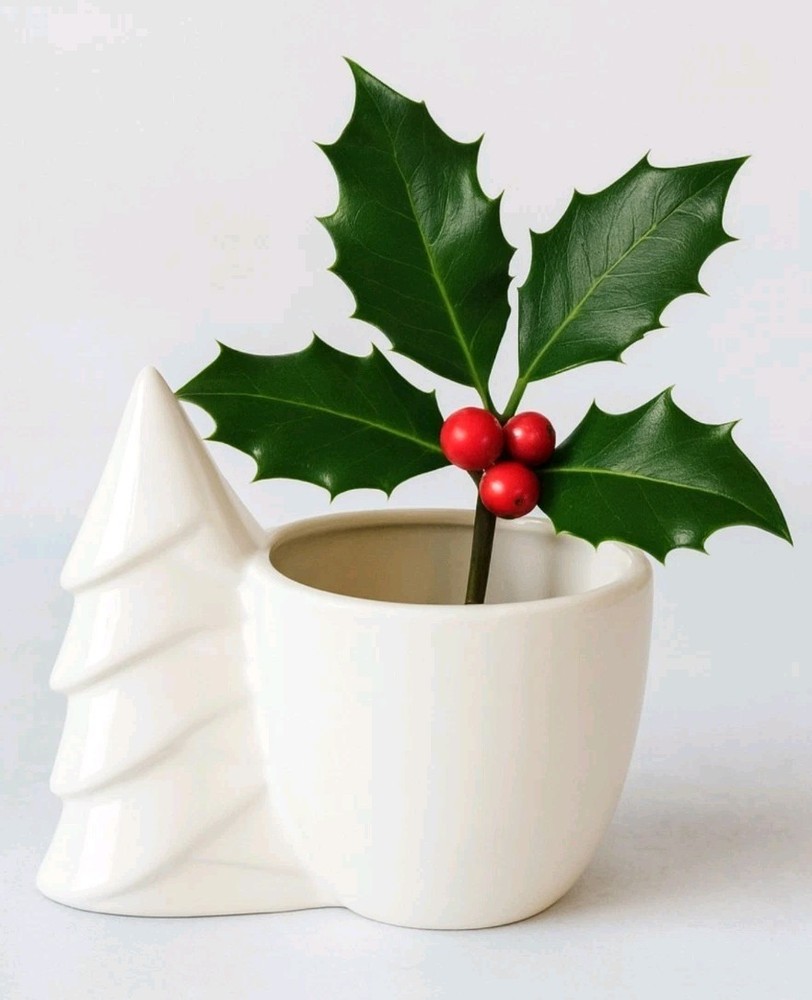 White Winter Tree Ceramic Planter Holder • Minimalist Modern Holder  6-1/2" •EUC