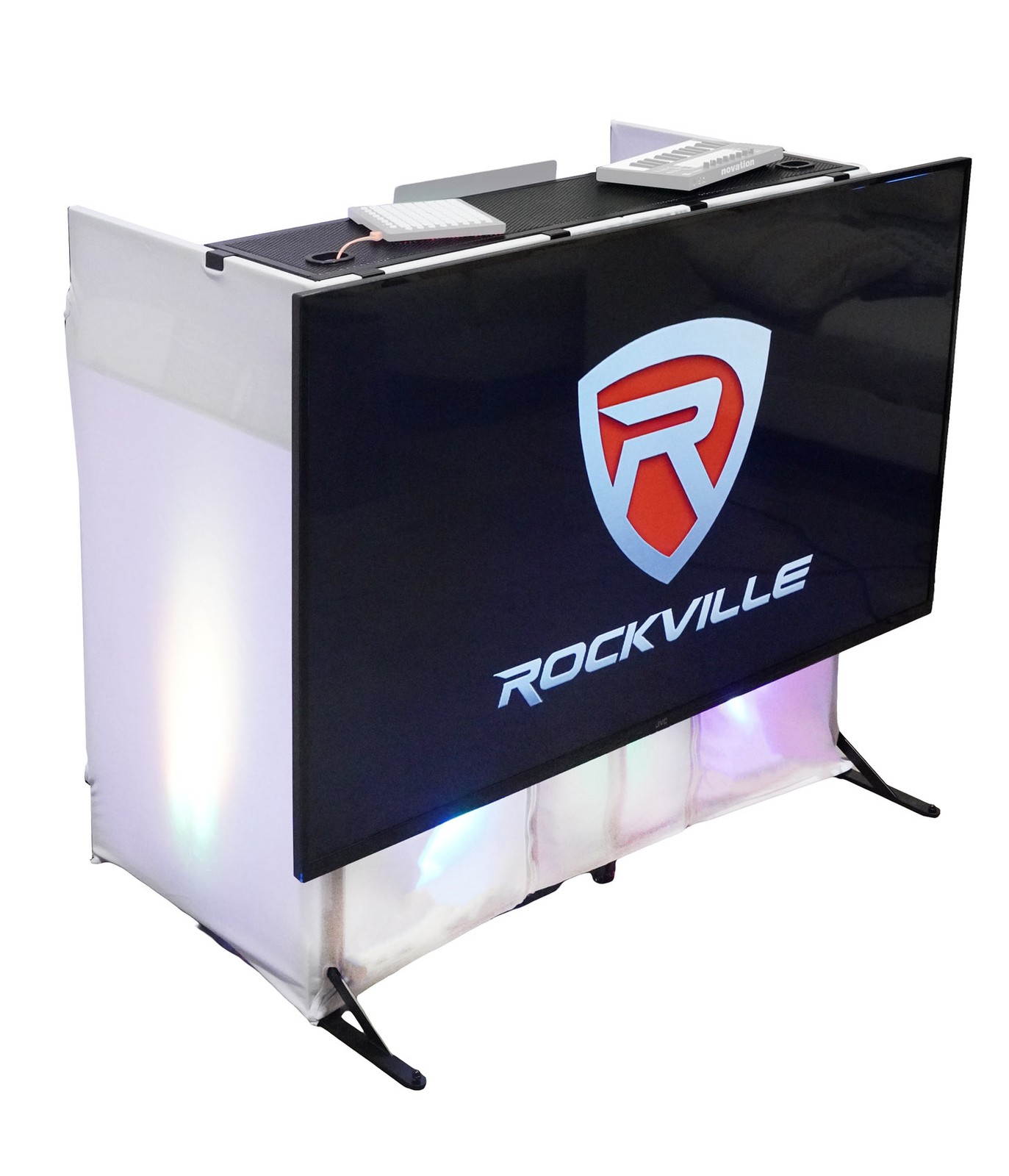 Rockville ROCKBOOTH TV DJ Booth Table Facade w/ 70" TV Mount Stand+Travel Bag