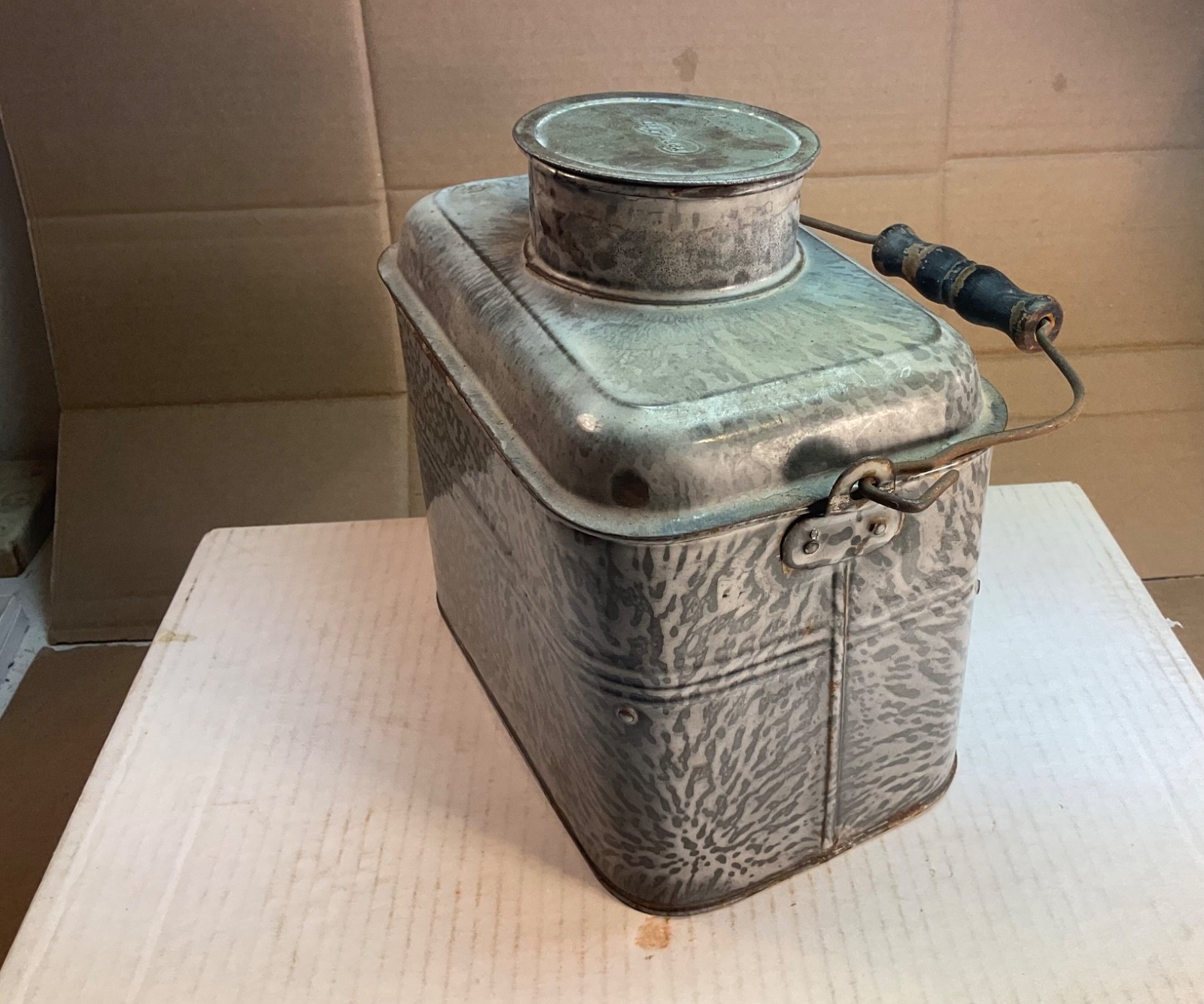 #278 MARKED CREAM CITY GREY GRANITEWARE MINERS RAILROAD LUNCH PAIL 5 PCS 8" TALL