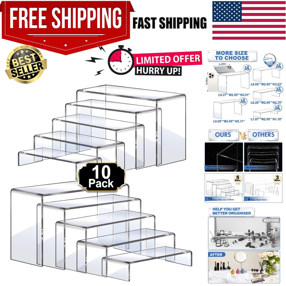 Large Acrylic Risers, 10 Pcs 2 Set7”L~8”L~9”L Riser Display Shelf, Clear Rect...