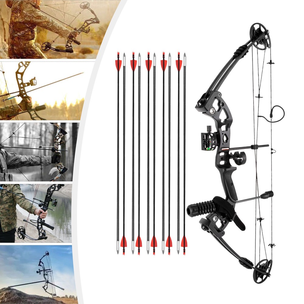 Black Right-Hand Compound Bow Kit for Beginners - Adjustable 30-55 lbs