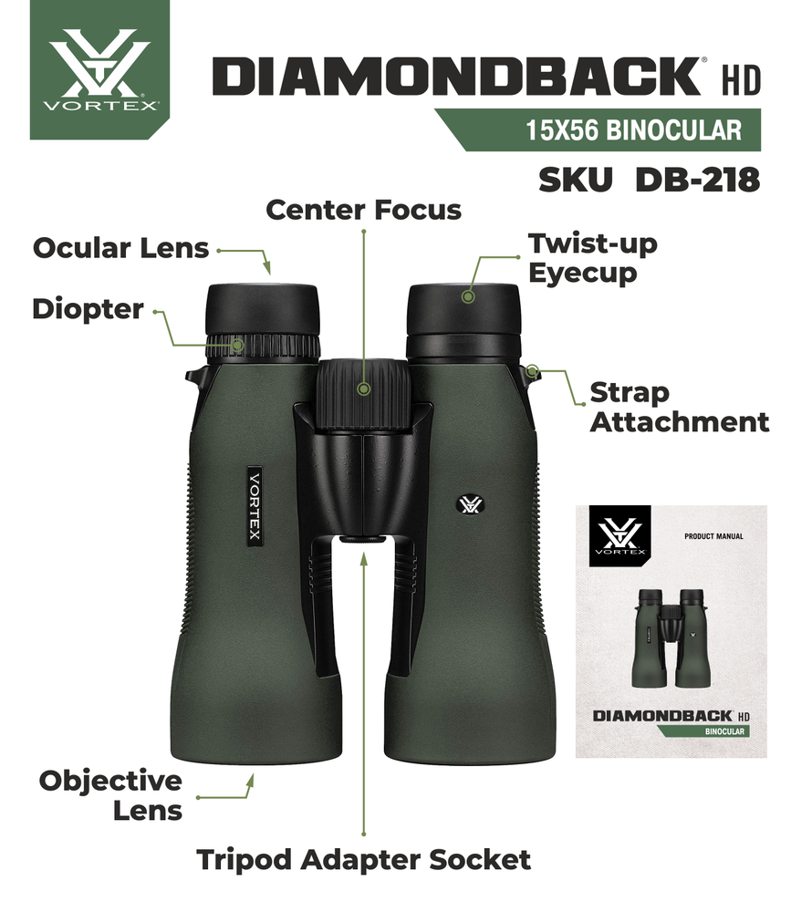 Vortex Optics DB-218 Diamondback HD 15x56 Binocular with Free Hat Bundle