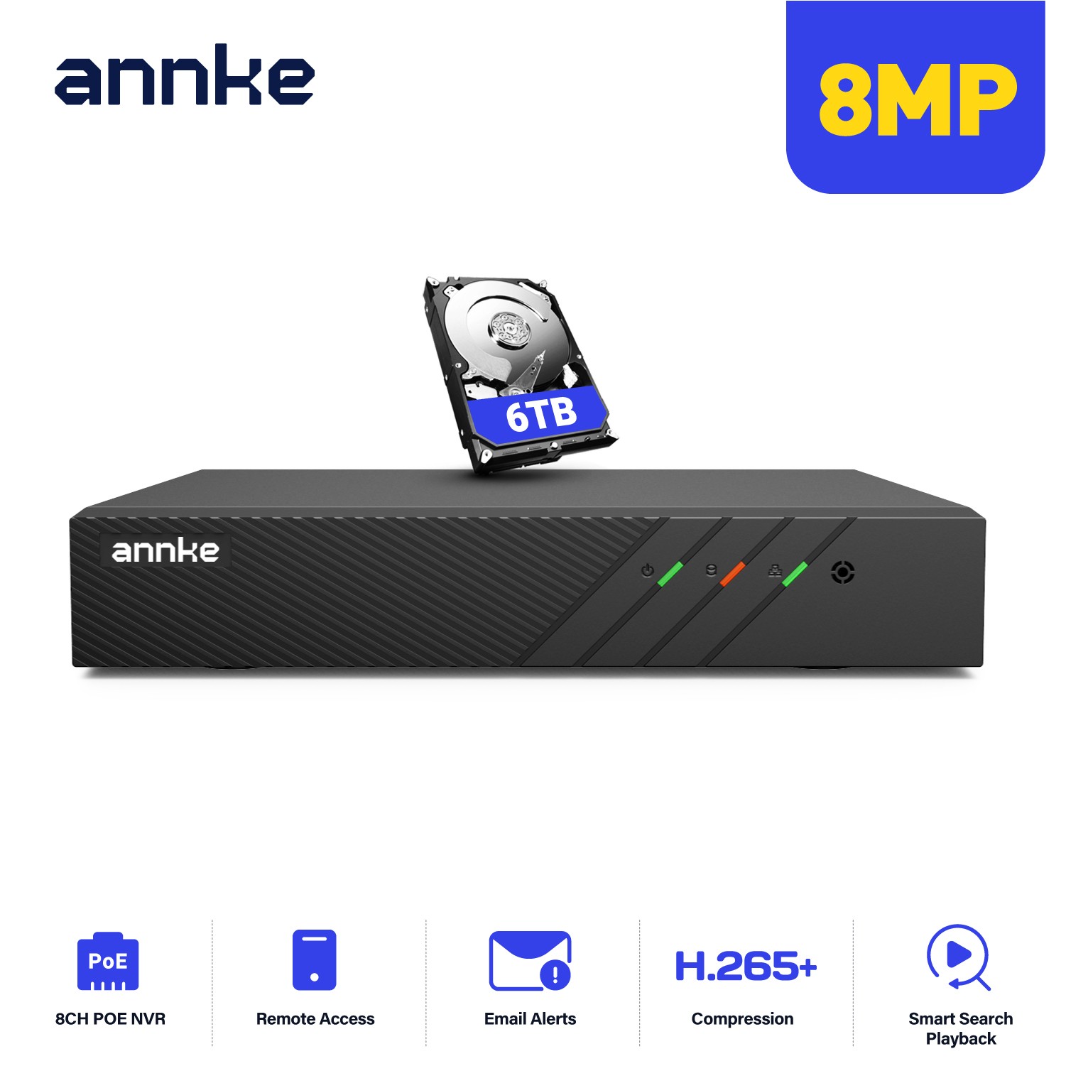 ANNKE 8CH Channel H.265+ 8MP Security NVR Recorder for 4MP/6MP/8MP POE IP Camera