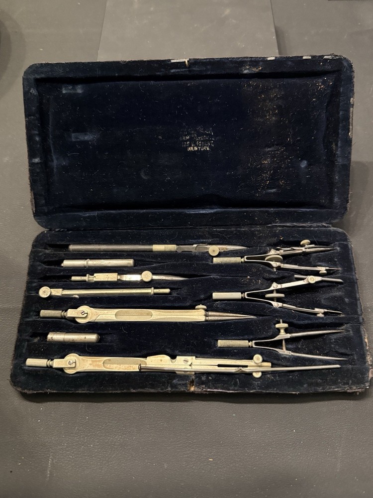 Vintage Drafting Compass & Divider Set w/ Case, New York Marking