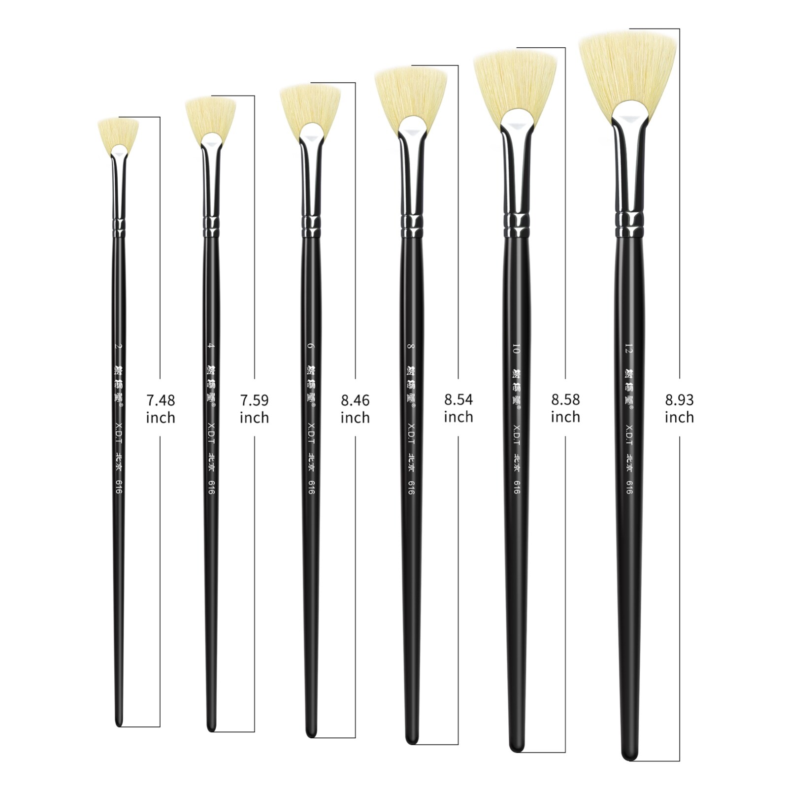 XDT#616-1 Fan Art Brush Set 6Pc #2#4#6#8#10#12 Hog Acrylic Oil Watercolor