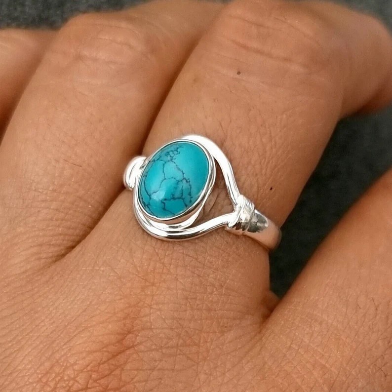 Solid 925 Sterling Silver Natural Turquoise Oval Gemstone Artisan Boho Band Ring