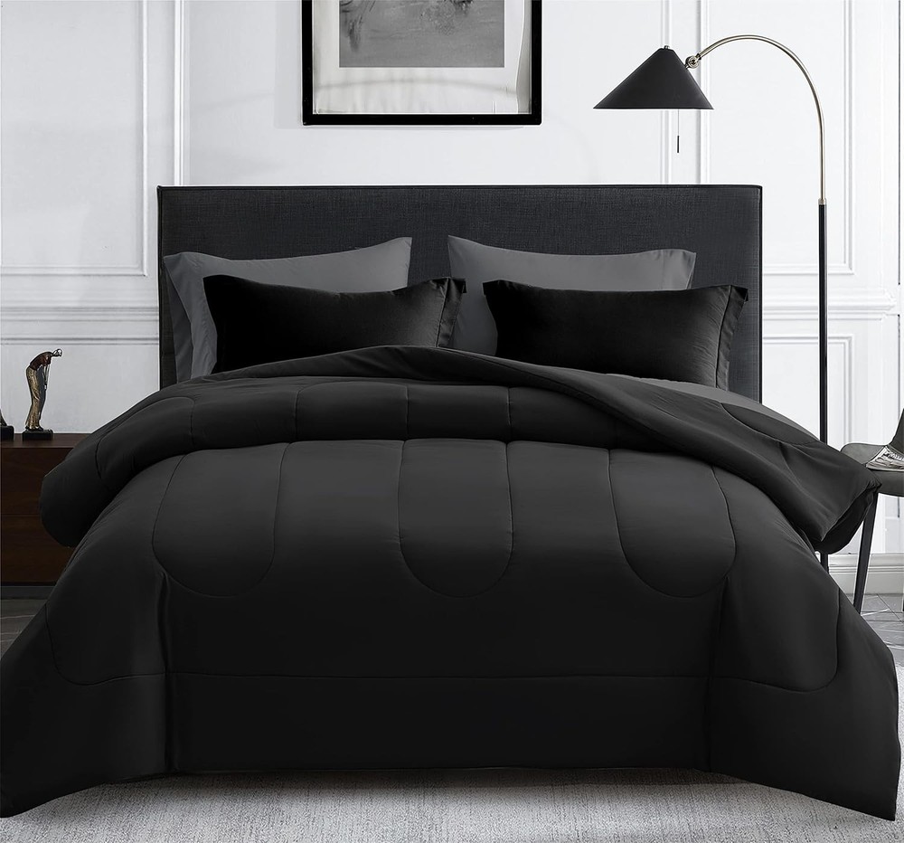 Down Comforter 7-Piece Bedding Set in Black